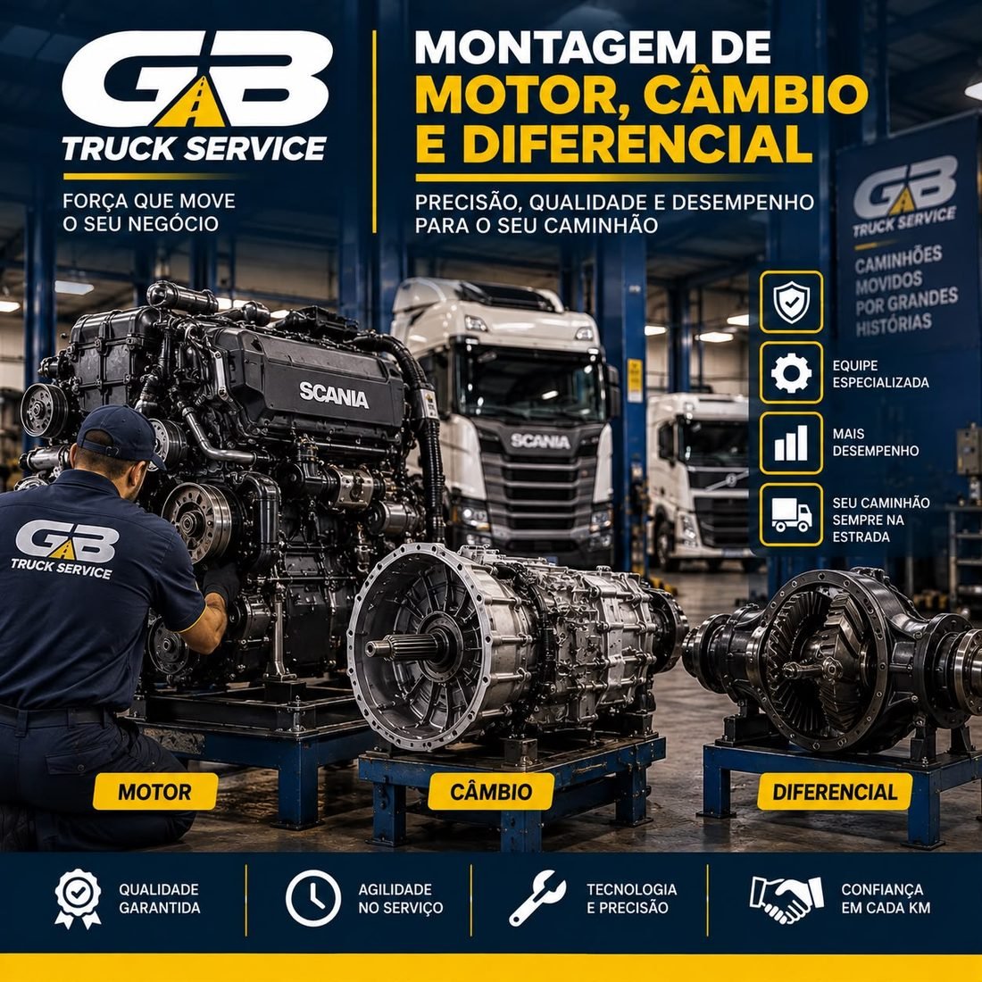 Montagem de motor, câmbio e diferencial na oficina GB Truck Service